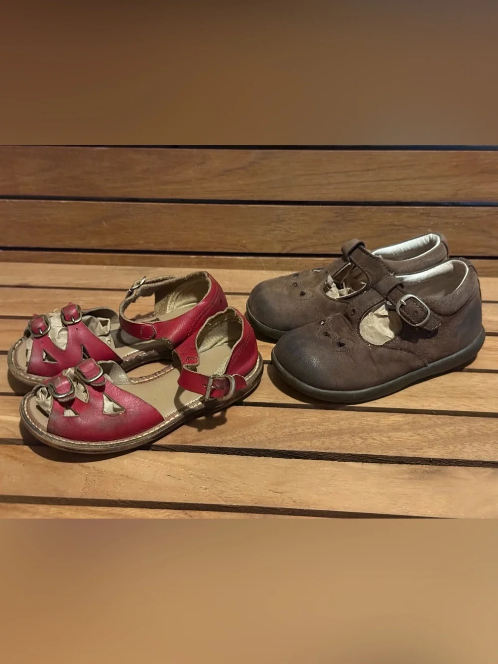 Kids Red Leather Sandals and Brown Mary Jane Shoes